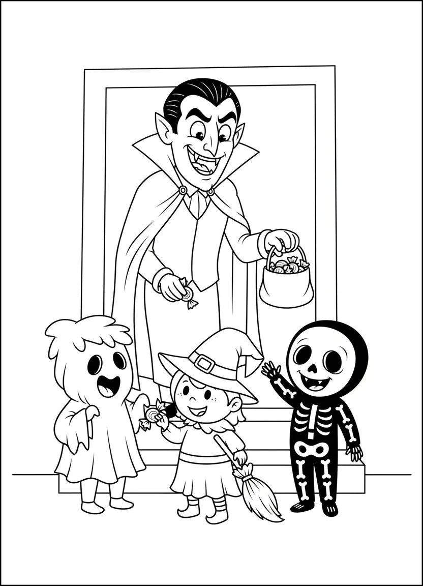 Friendly Dracula giving candy to trick-or-treaters coloring page