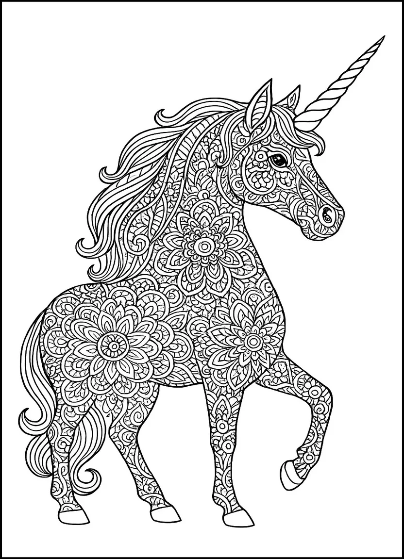 Full-body mandala unicorn coloring page