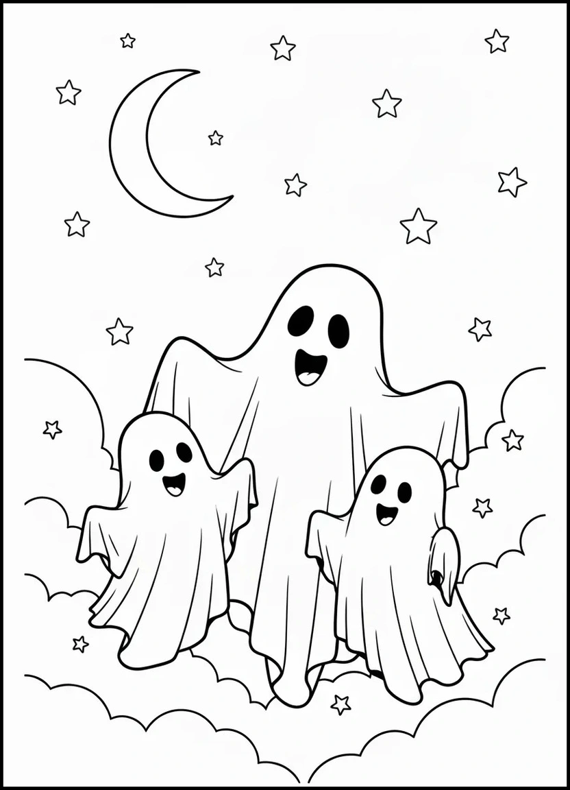 Ghost family coloring page under moonlight
