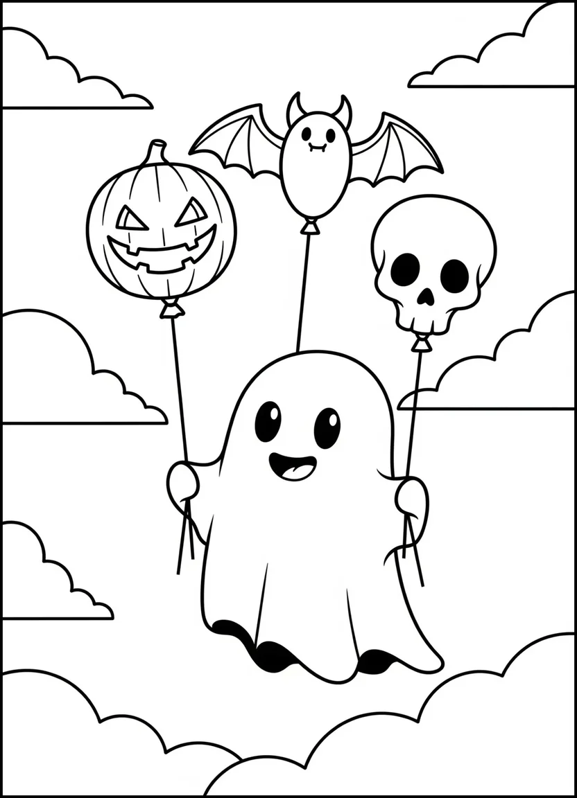 Ghost flying with Halloween balloons coloring page