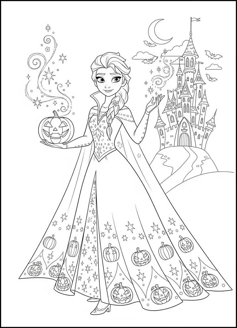 Halloween Elsa Frozen coloring page with magical gown and jack-o’-lantern