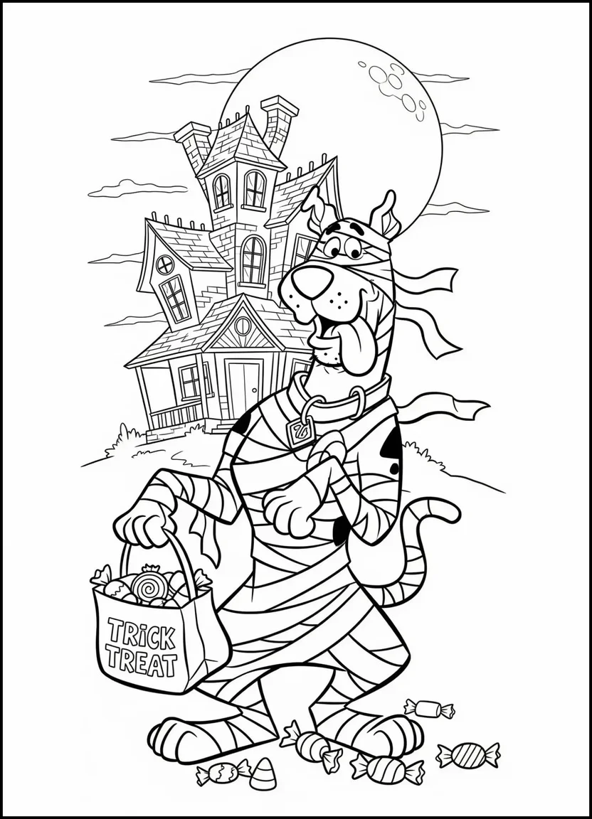 Halloween Scooby-Doo mummy coloring page with haunted house