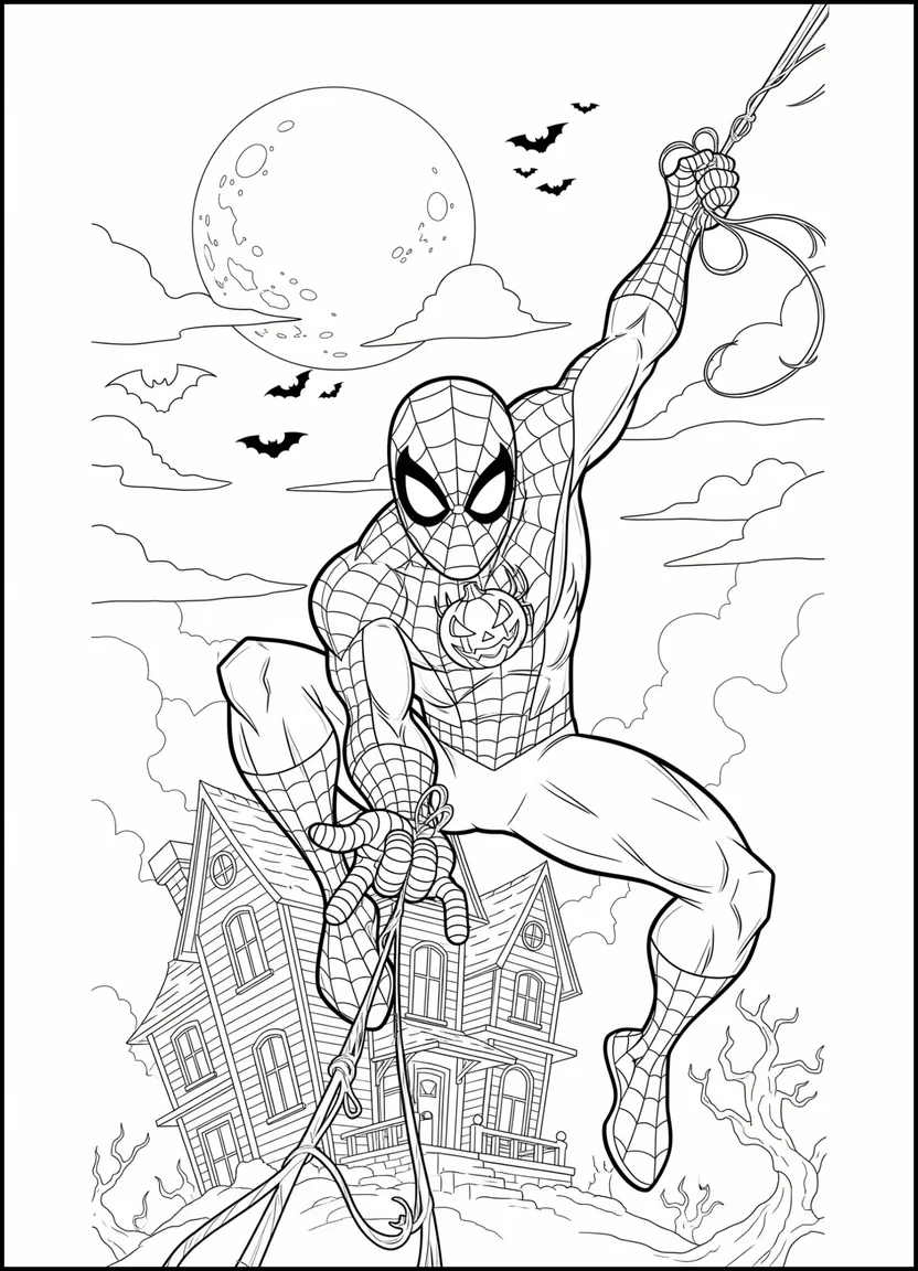 Halloween Spider-Man coloring page swinging from a web with pumpkin emblem