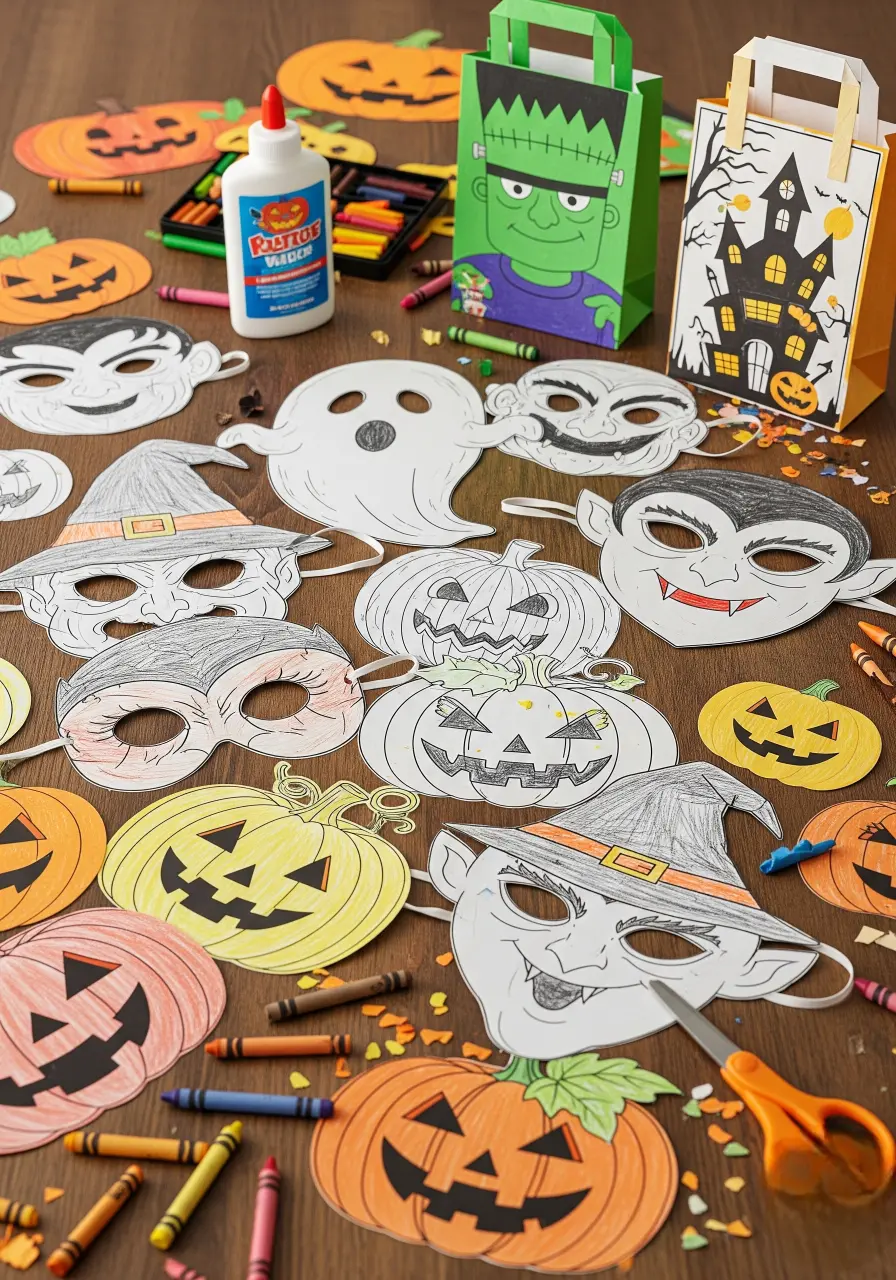 Halloween crafts like masks and trick-or-treat bags made from coloring pages