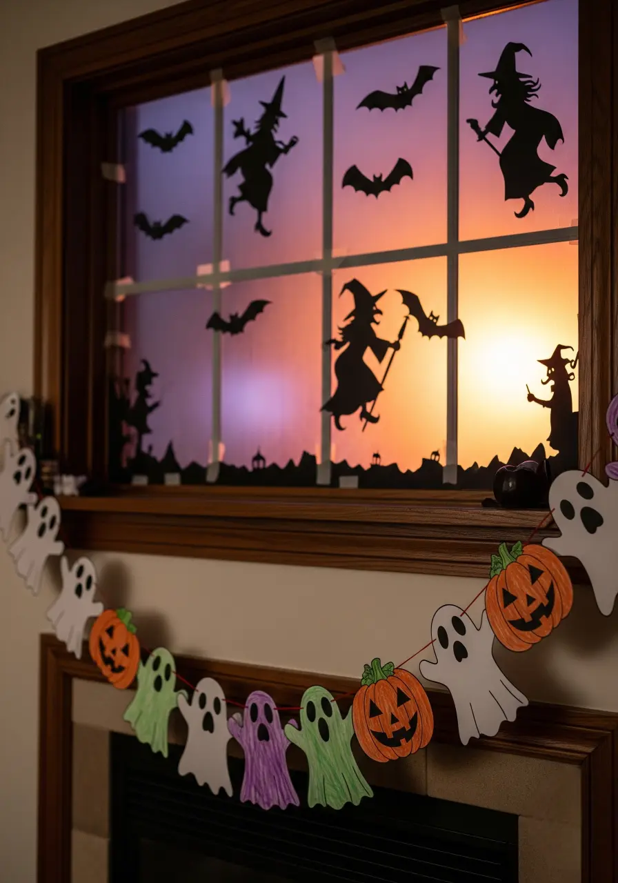 Halloween garlands and window decorations made from coloring pages