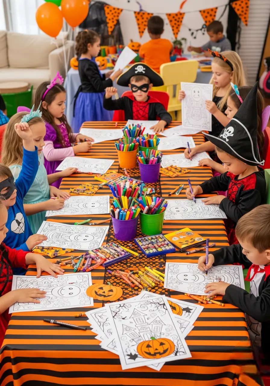 Halloween kids coloring booth with costumes and activity table