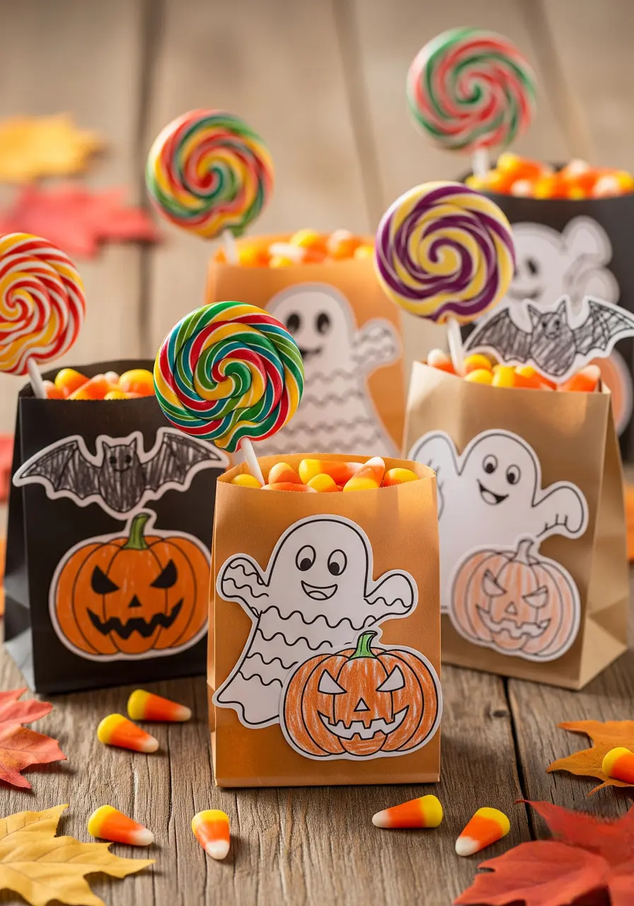 Halloween party favor bags decorated with coloring page cutouts