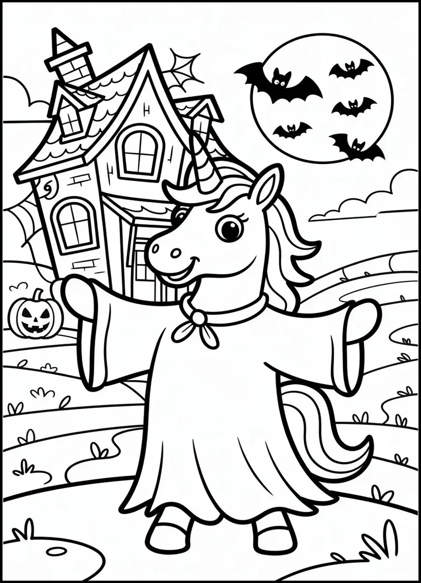 Halloween unicorn with haunted house coloring page
