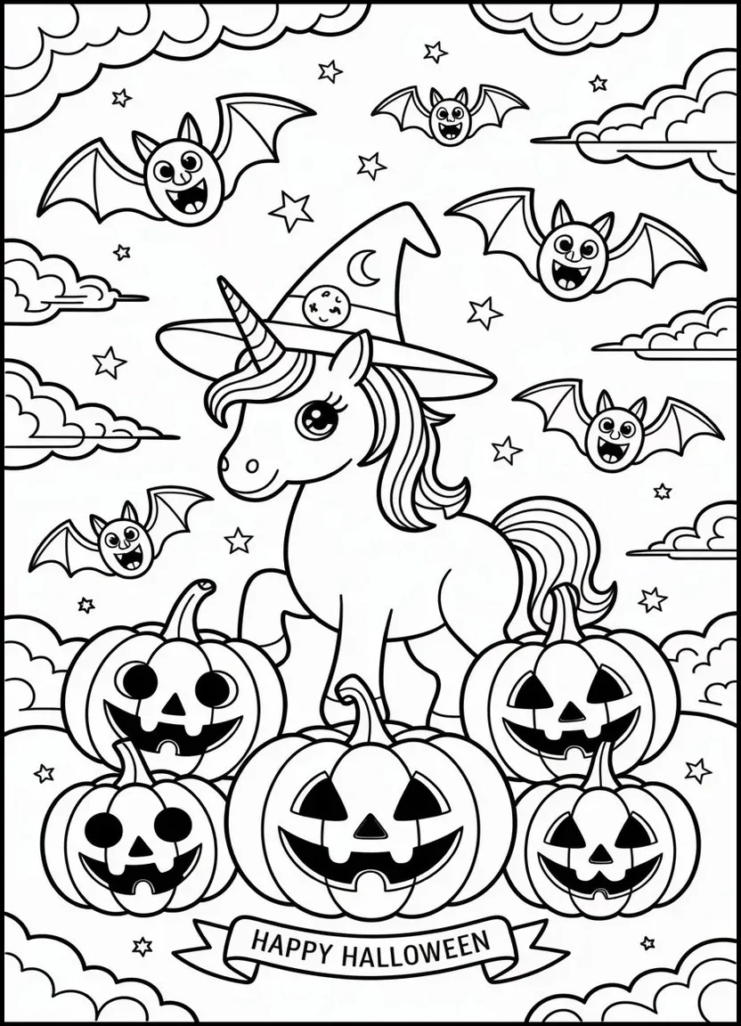 Halloween unicorn with pumpkins coloring page