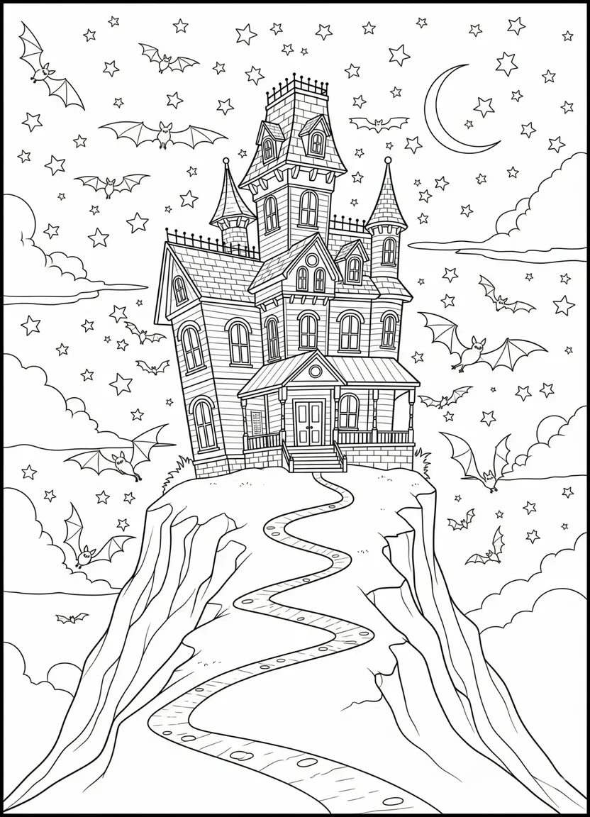 Haunted house on hill coloring page with winding path