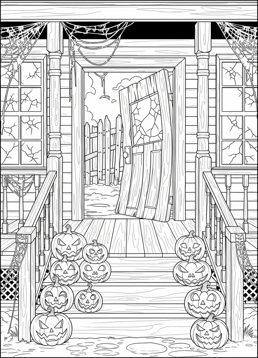 Haunted house porch with Jack-O’-Lanterns coloring page