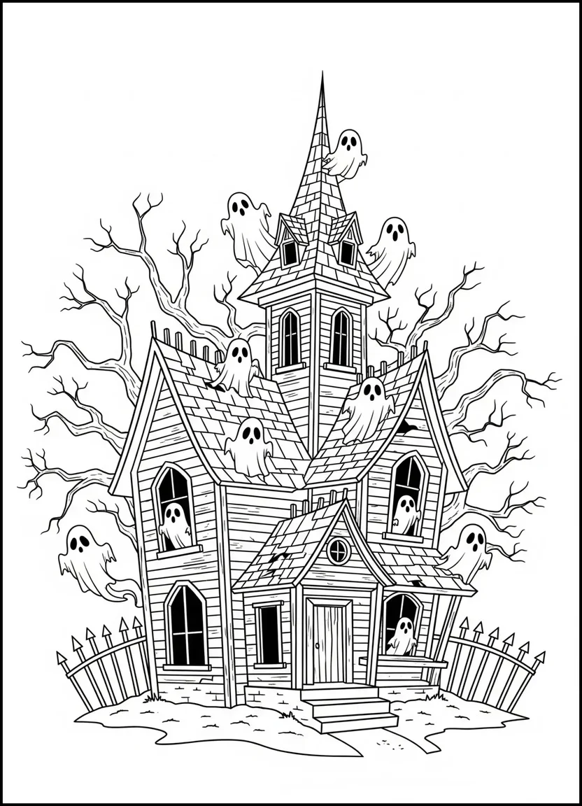 Haunted house surrounded by ghosts coloring page