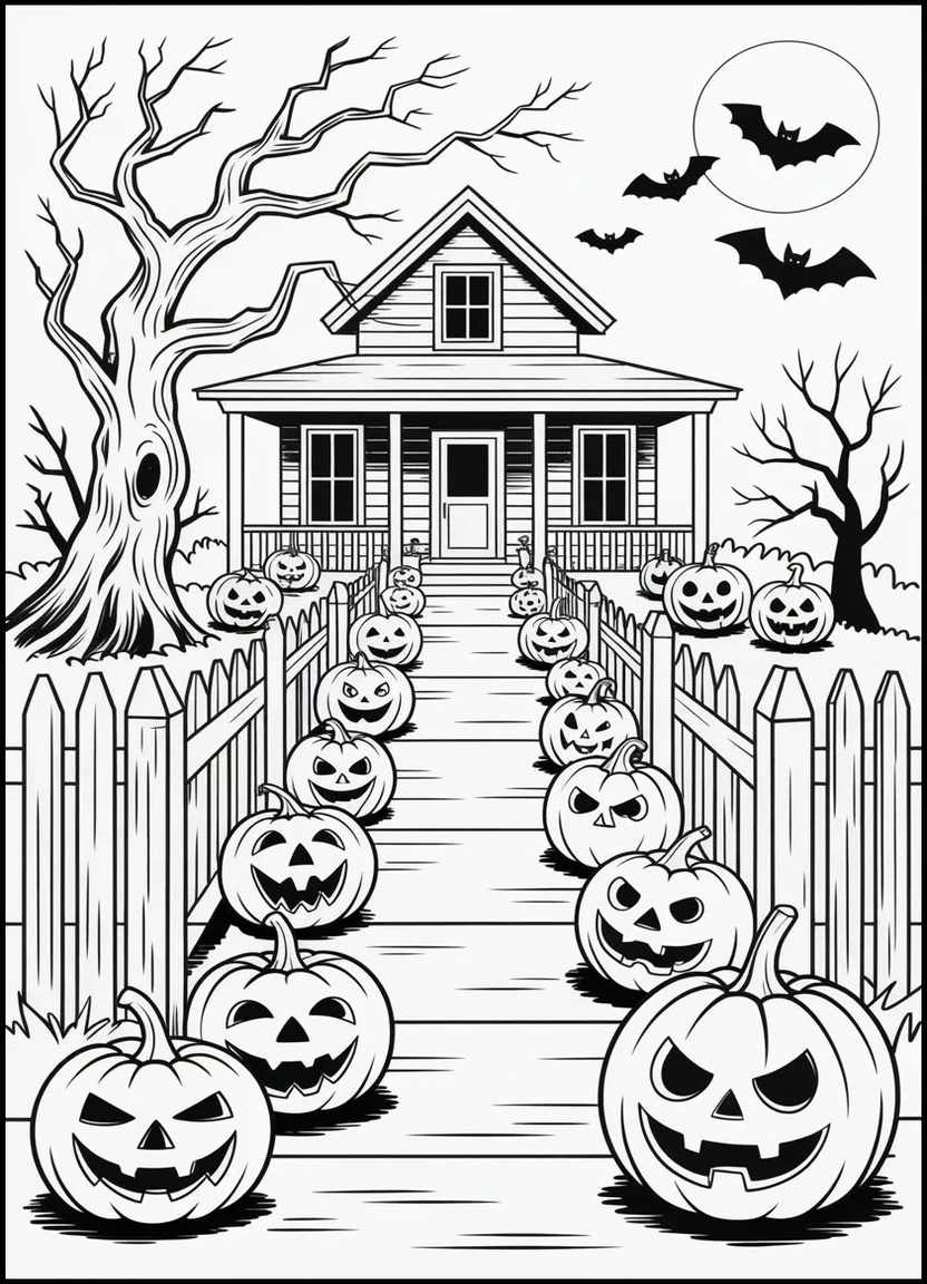Haunted house with Jack-O’-Lanterns coloring page.