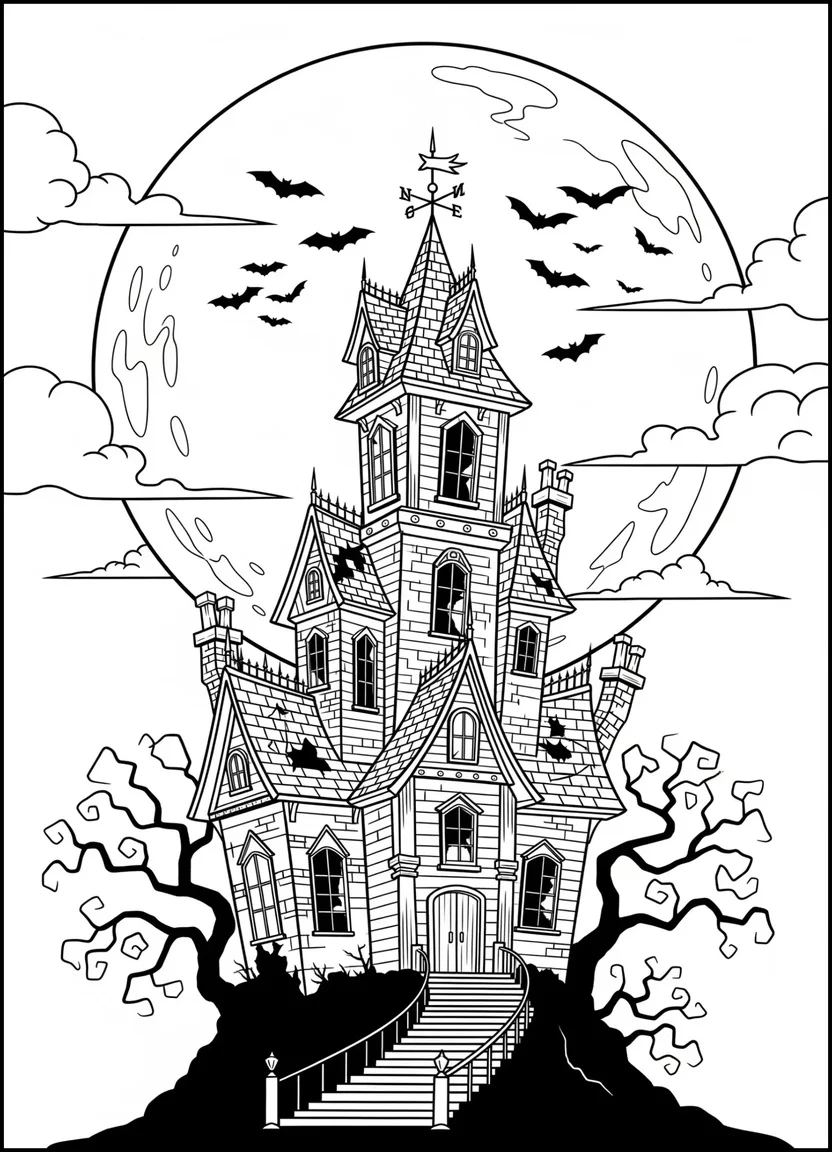 Haunted house with full moon and bats coloring page