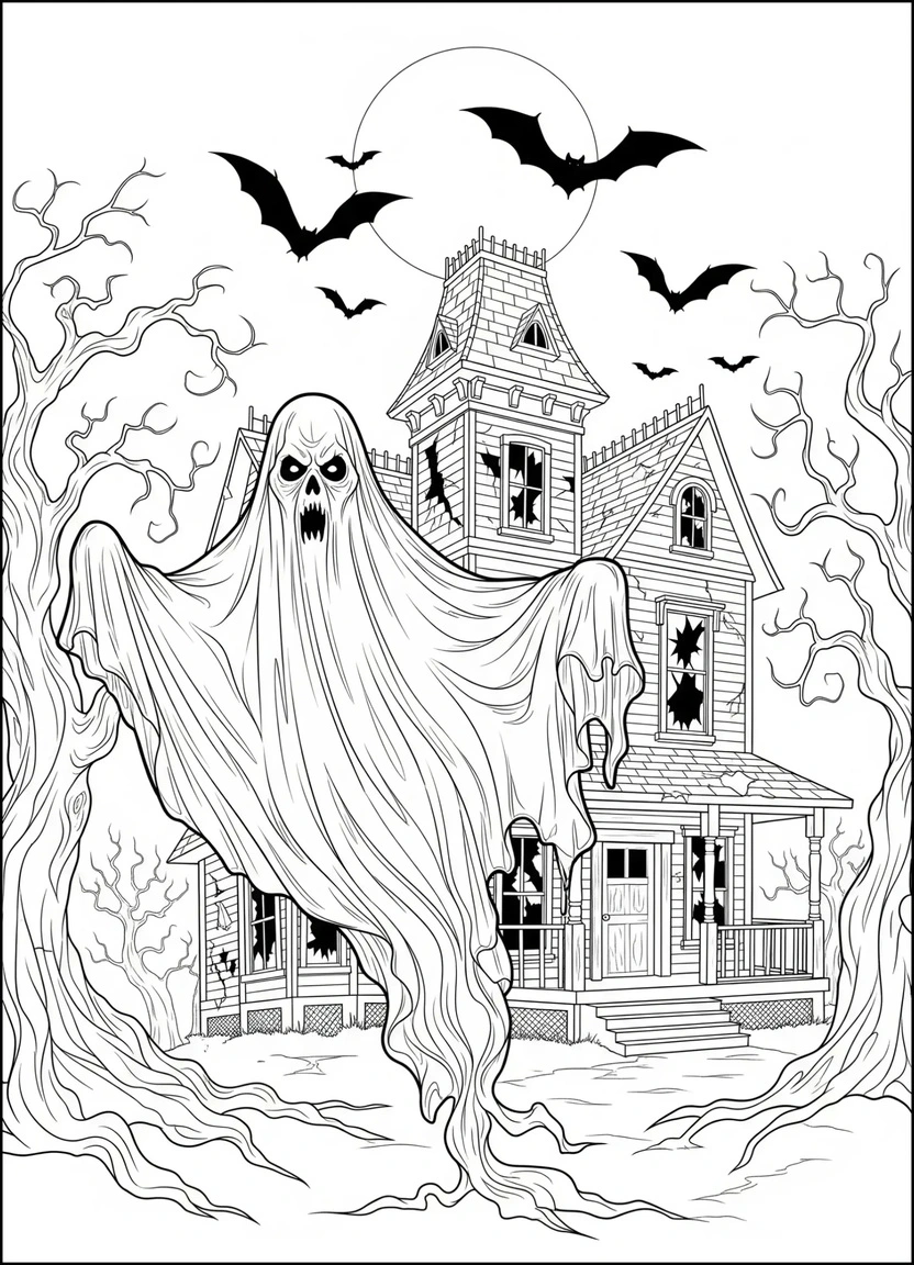 Haunted house with scary ghost coloring page