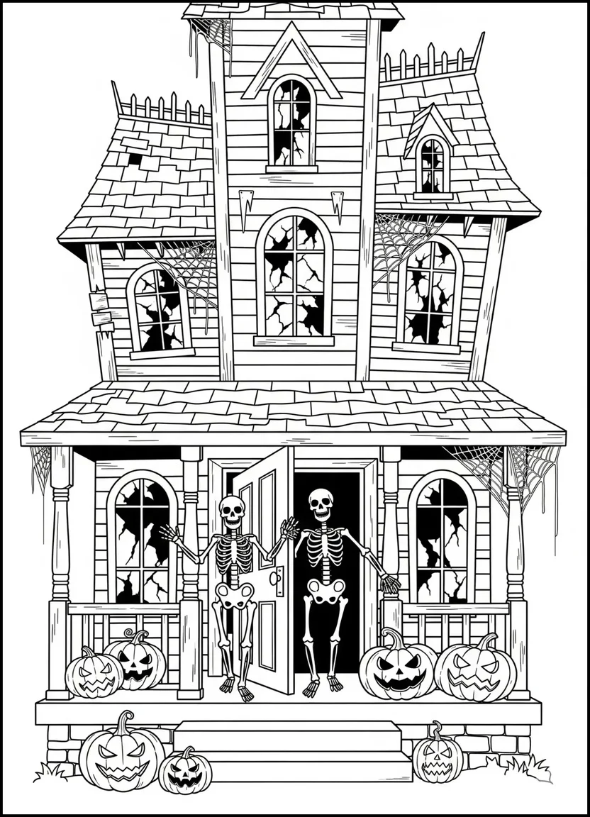 Haunted house with skeletons at the door coloring page