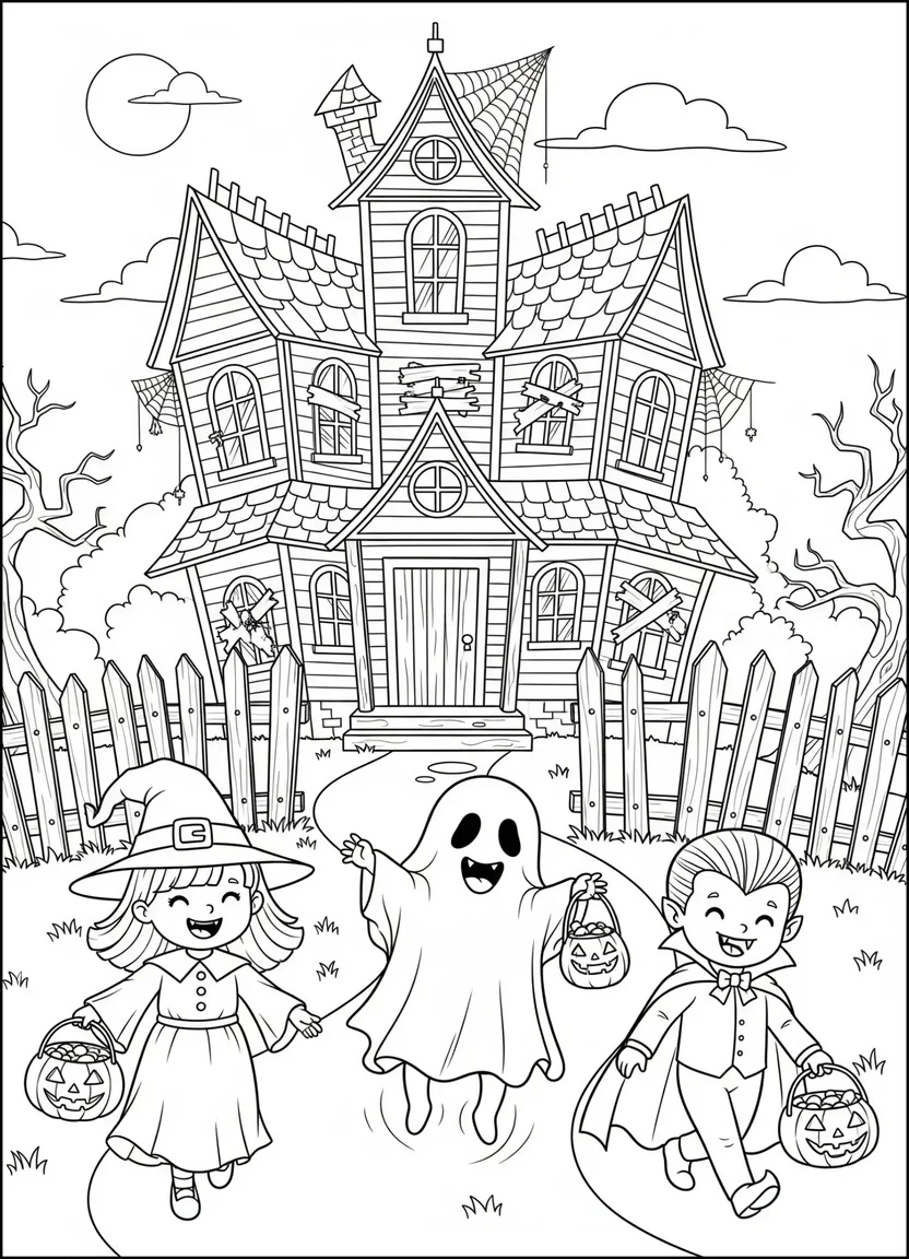 Haunted house with trick-or-treaters coloring page
