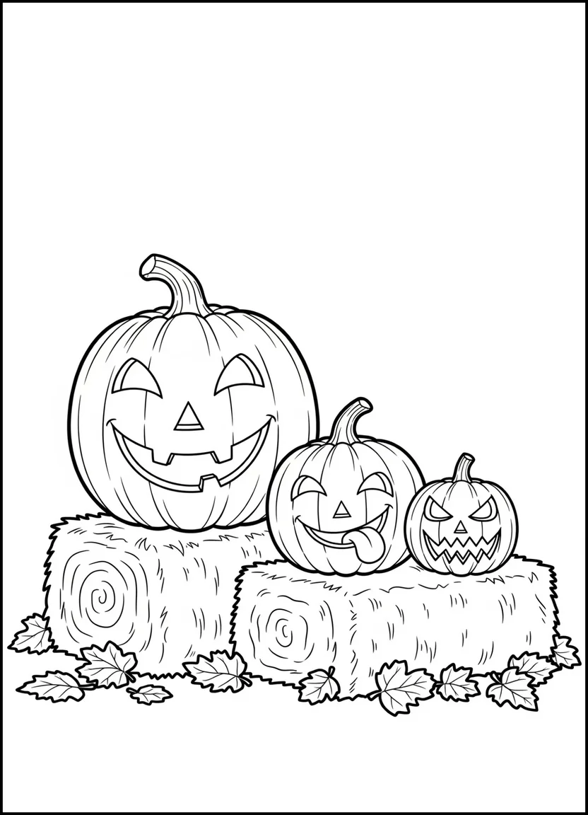 Jack-O’-Lantern family coloring page with three pumpkins
