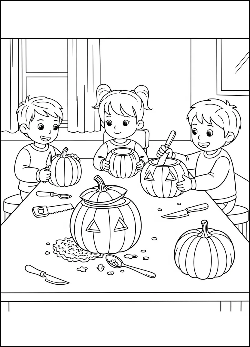 Jack-O’-Lantern pumpkin carving scene coloring page