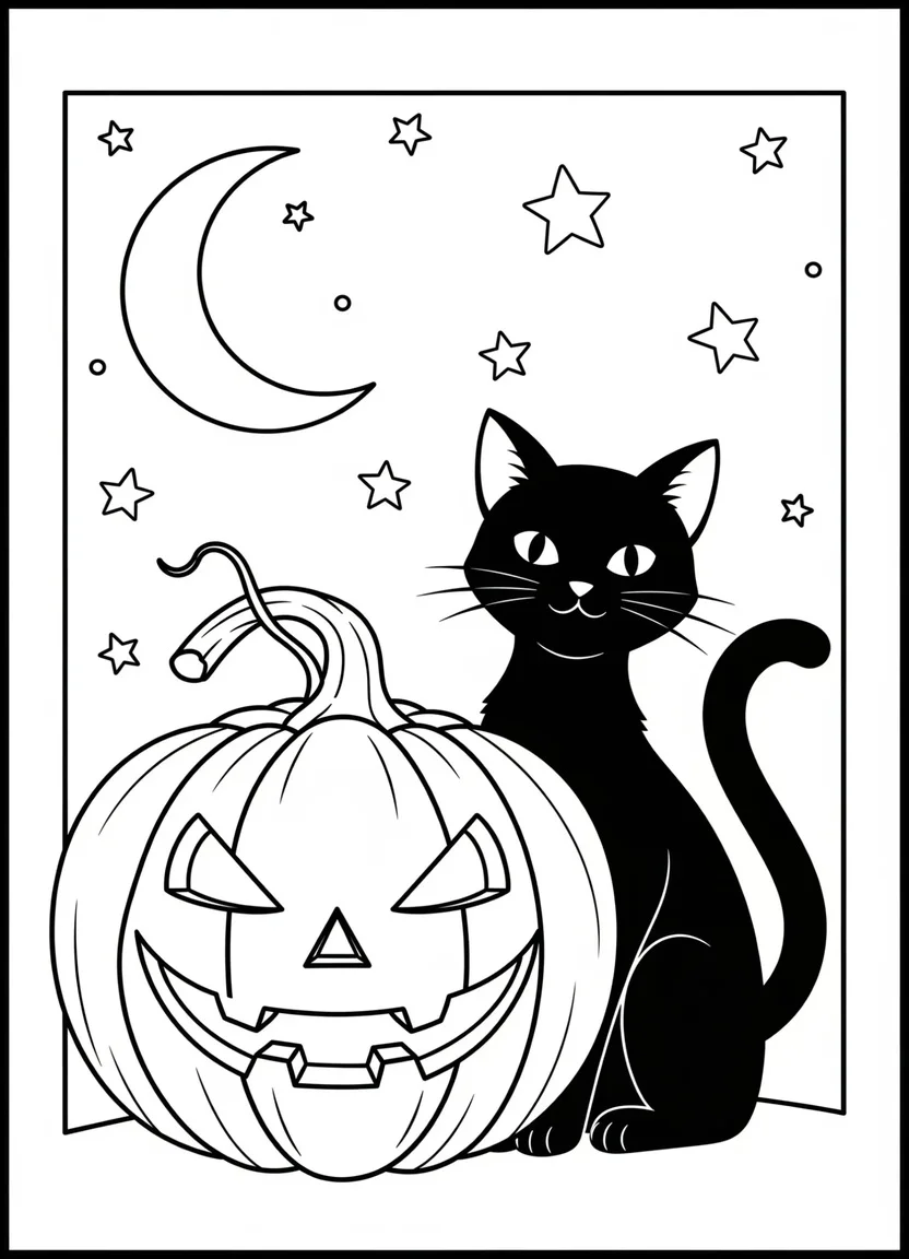 Jack-O’-Lantern with black cat coloring page