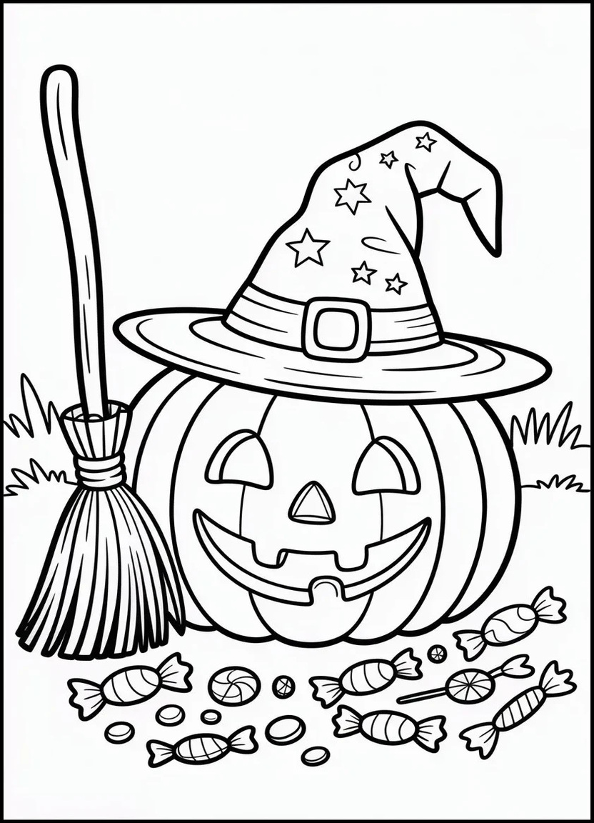 Jack-O’-Lantern with witch hat coloring page