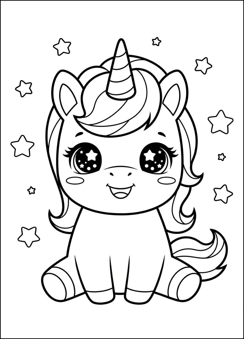 Kawaii unicorn with big eyes coloring page
