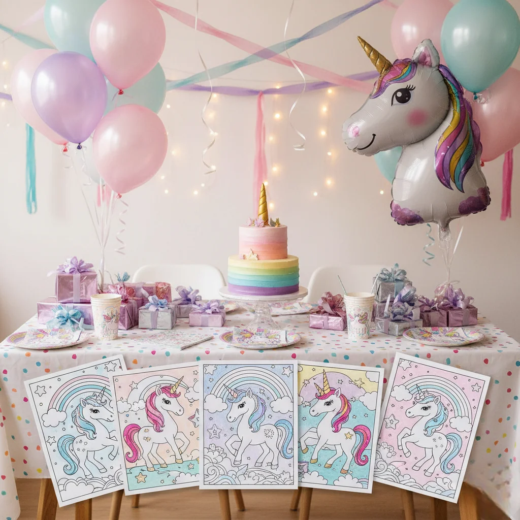 Kids showing unicorn coloring pages at a birthday party