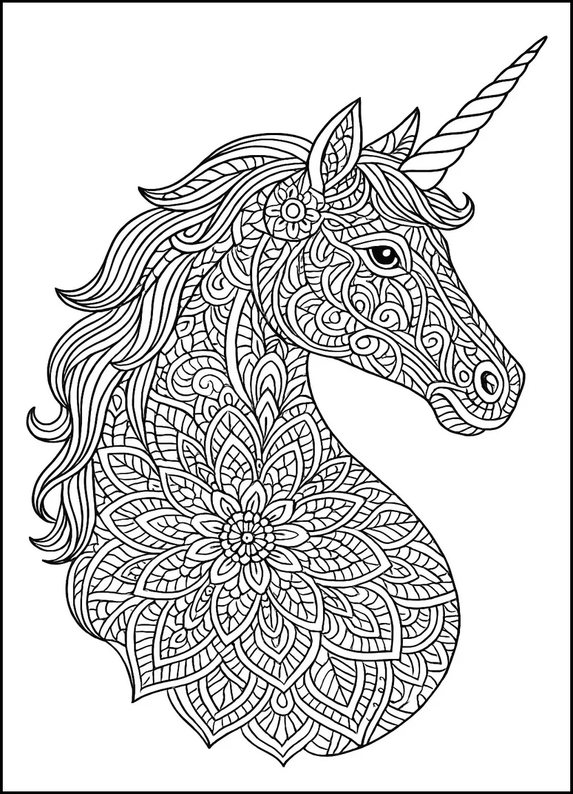 Mandala unicorn head coloring page