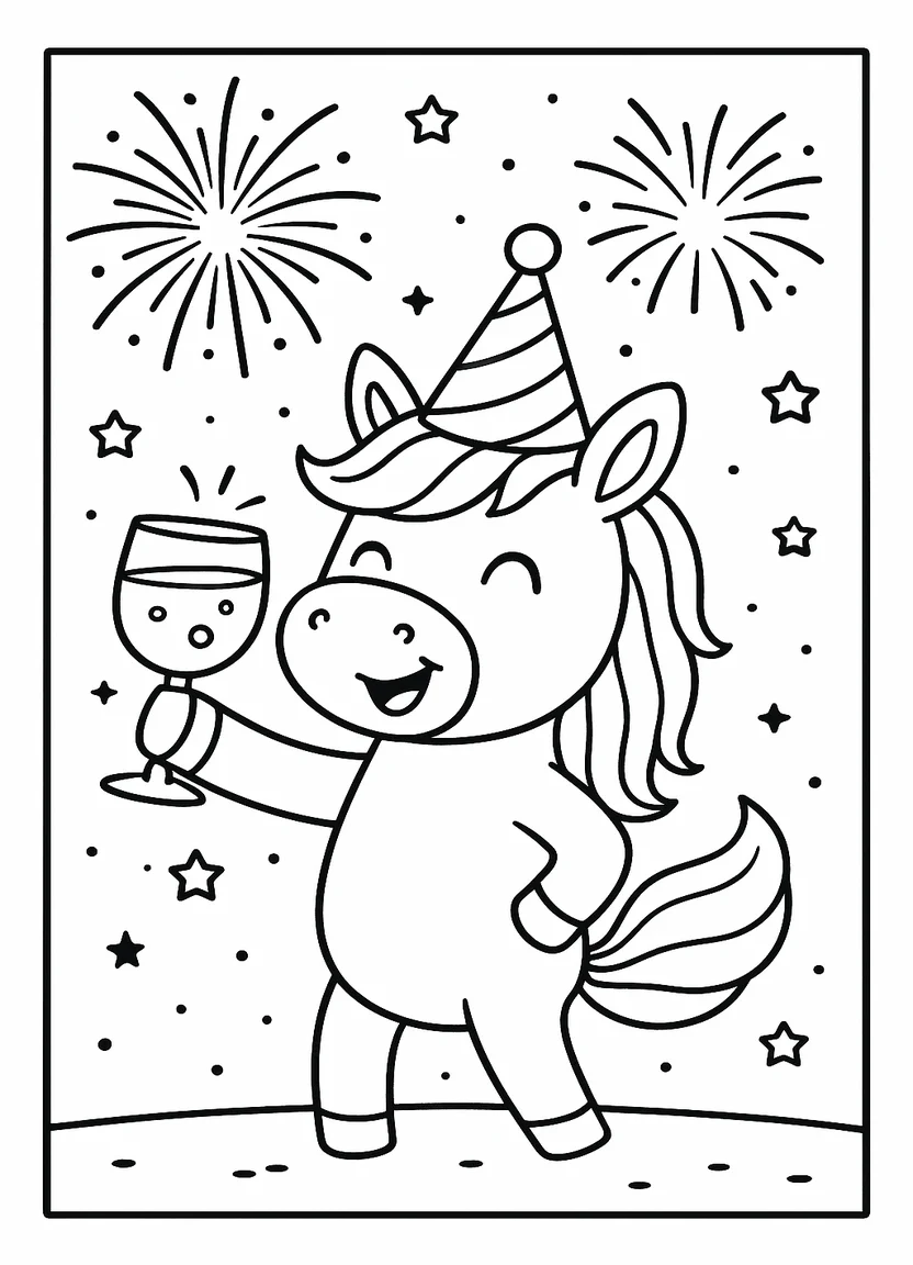 New Year’s unicorn with fireworks coloring page