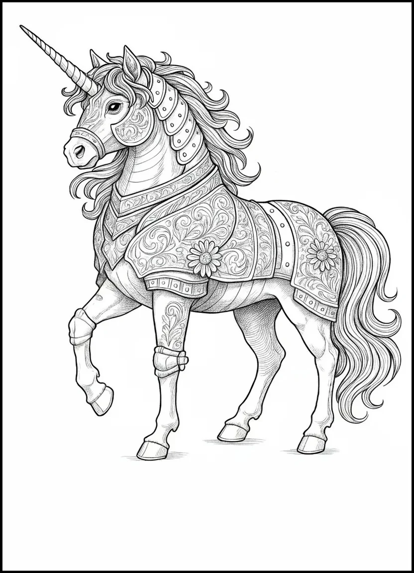 Ornate unicorn armor coloring page