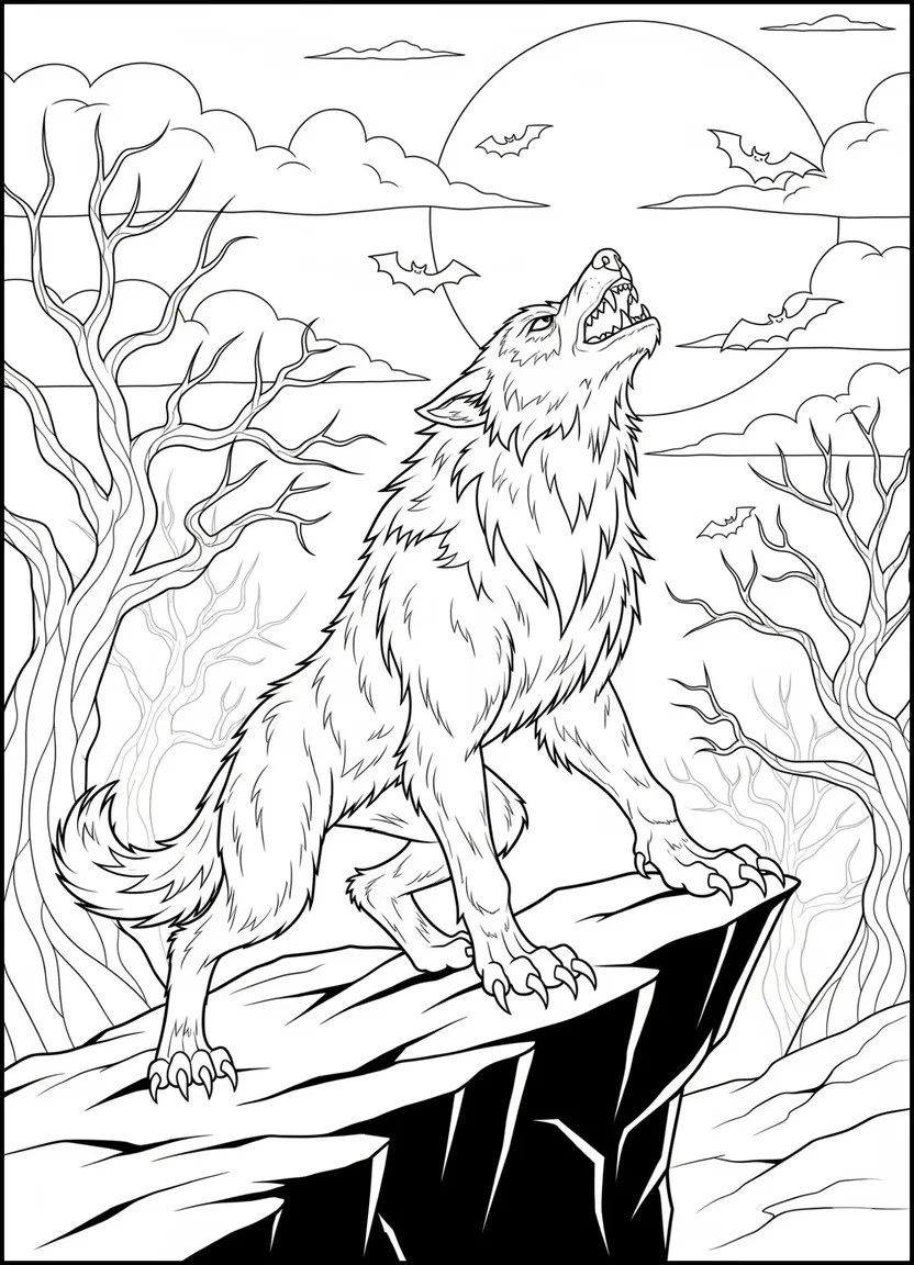 Coloring page of a werewolf howling at the moon on a rocky cliff