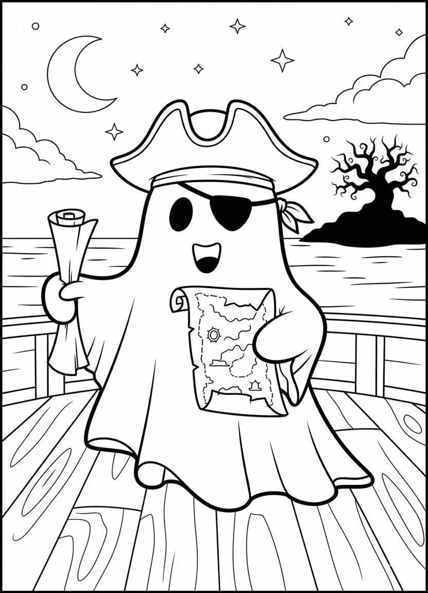 Pirate ghost coloring page with treasure map.