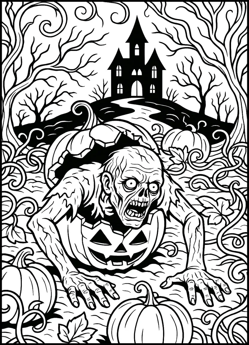 Realistic Halloween zombie crawling out of a jack-o’-lantern in a haunted pumpkin patch