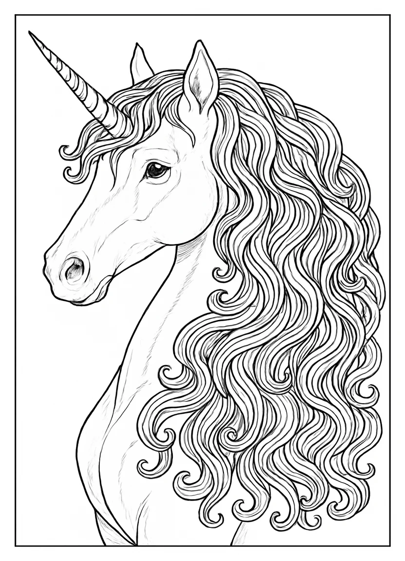 Realistic detailed unicorn coloring page