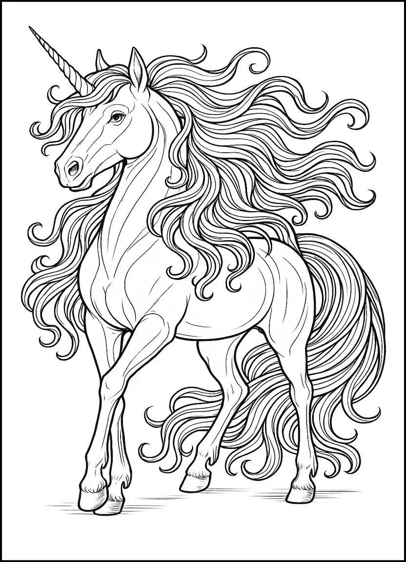 Realistic unicorn with flowing mane coloring page