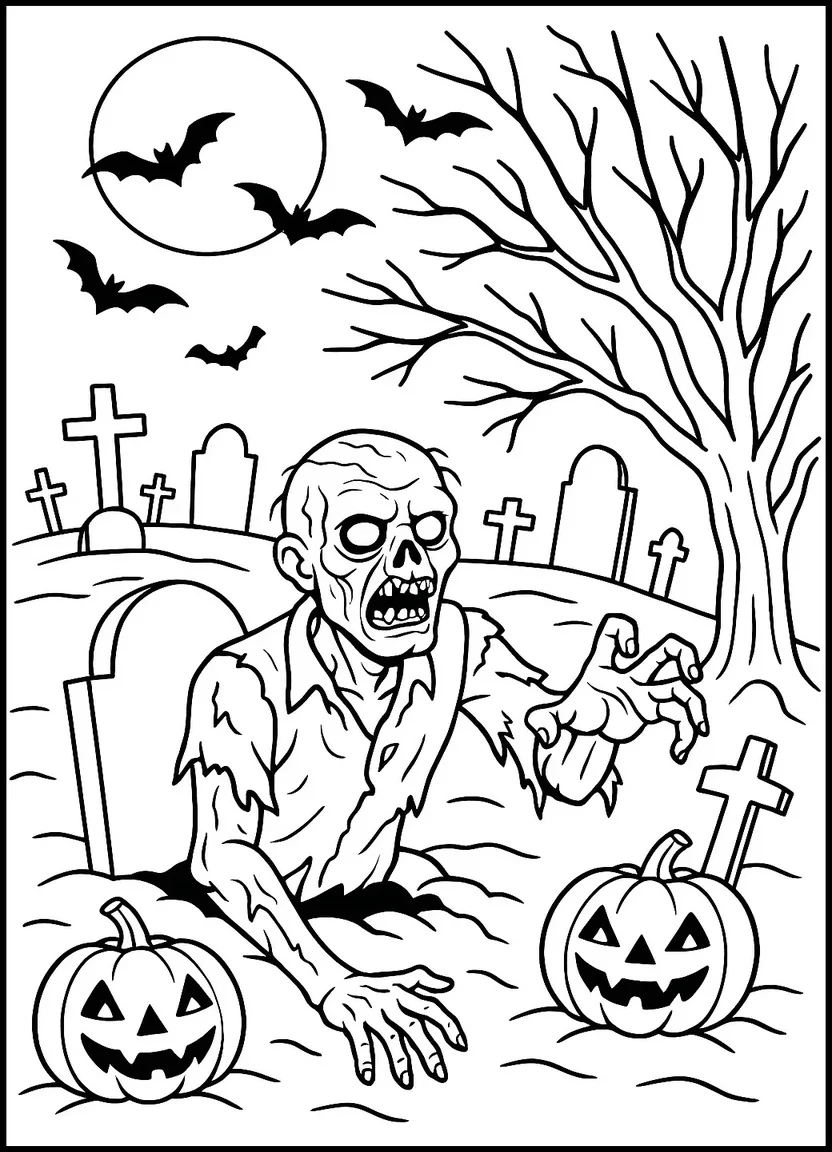 Realistic zombie rising from a grave in a haunted Halloween cemetery with pumpkins and bats