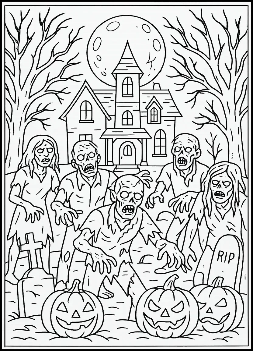 Realistic zombies at a haunted house surrounded by pumpkins and gravestones on Halloween night