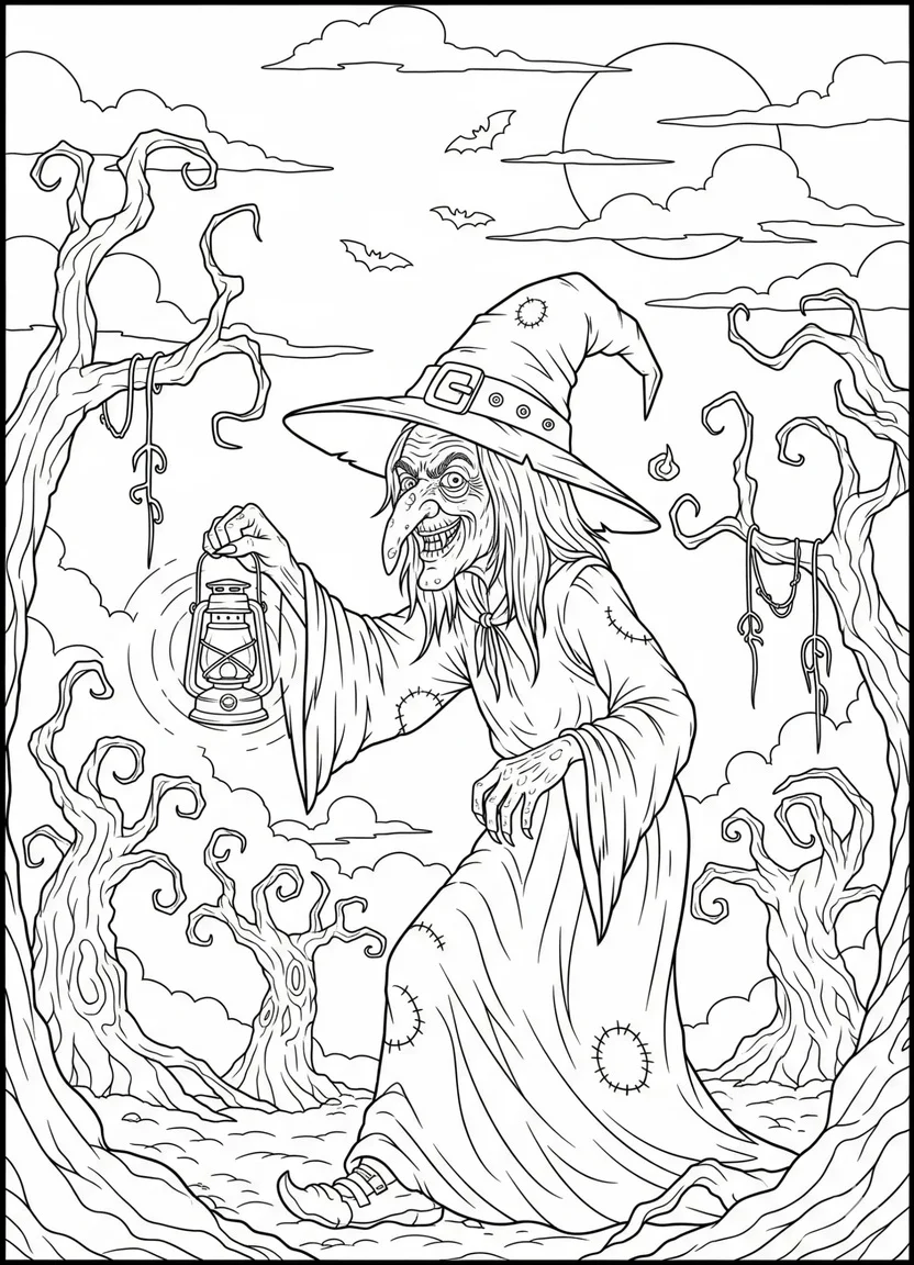 Scary witch in haunted forest coloring page