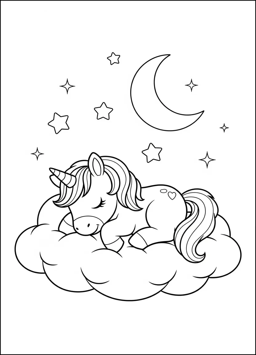 Sleeping unicorn on a cloud coloring page