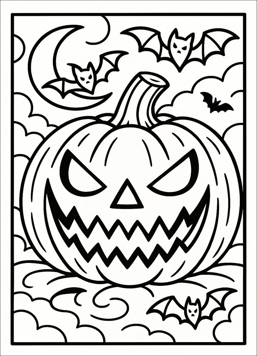 Spooky Jack-O’-Lantern coloring page with bats and moon.
