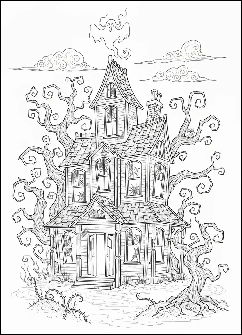 Spooky haunted house in forest coloring page