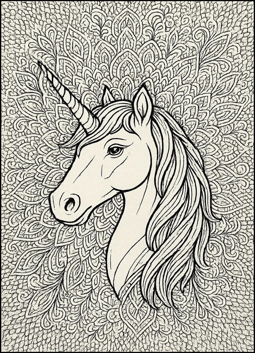 Stress-relief floral unicorn coloring page