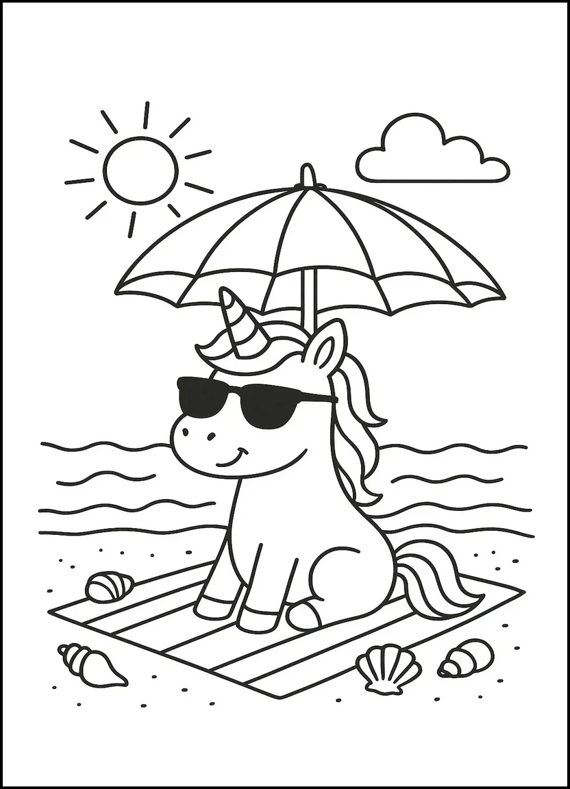 Summer beach unicorn coloring page