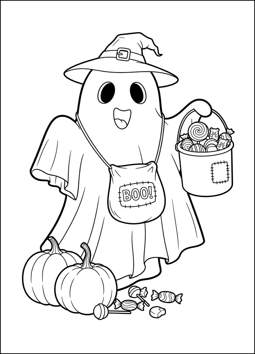This fun ghost is all about trick-or-treating and candy, bringing a festive Halloween spirit to coloring time.