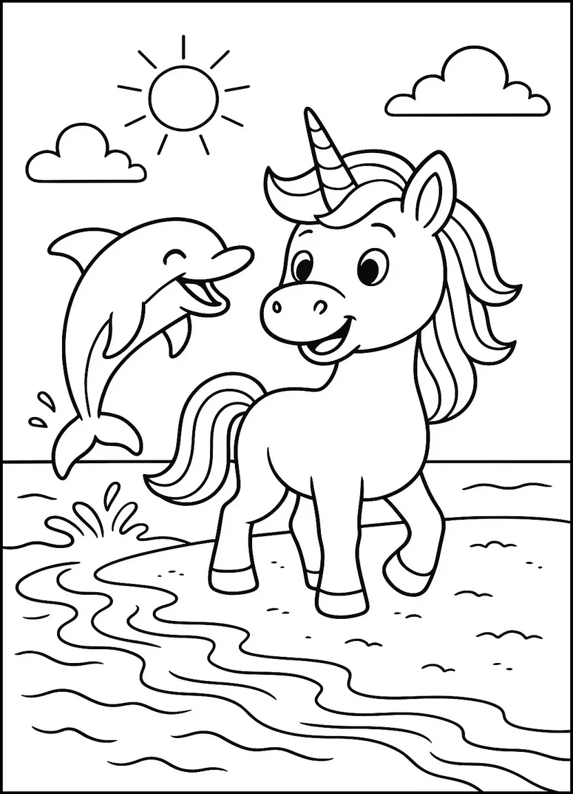 Unicorn and dolphin coloring page