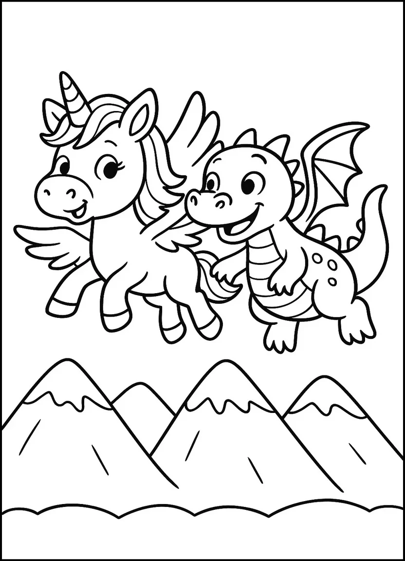 Unicorn and dragon flying coloring page