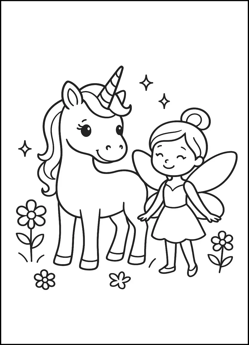 Unicorn and fairy coloring page