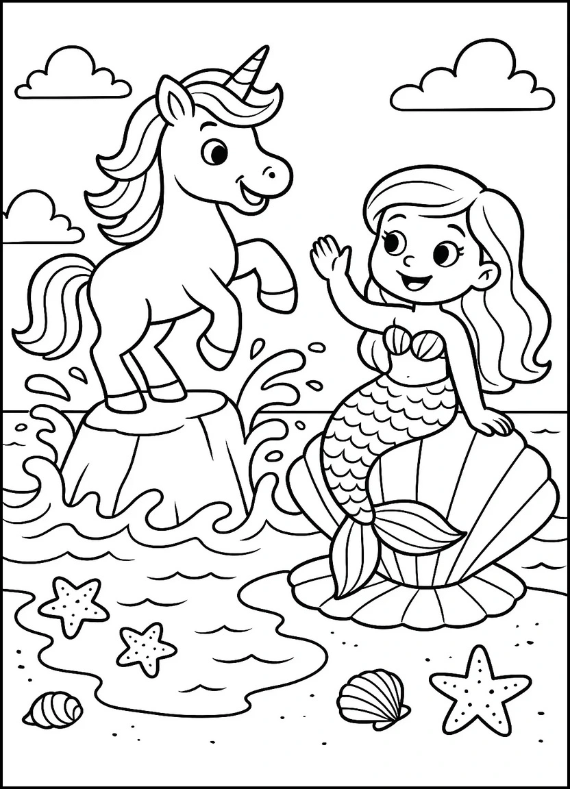 Unicorn and mermaid adventure coloring page