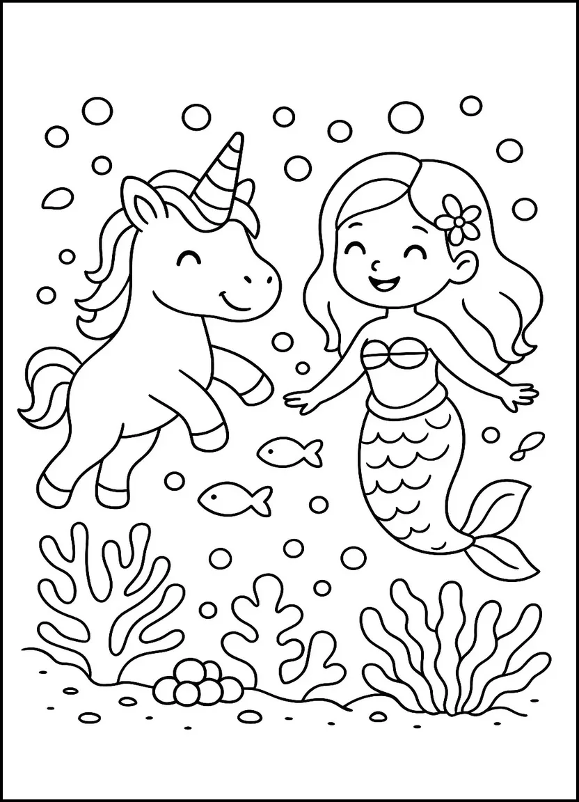 Unicorn and mermaid underwater coloring page