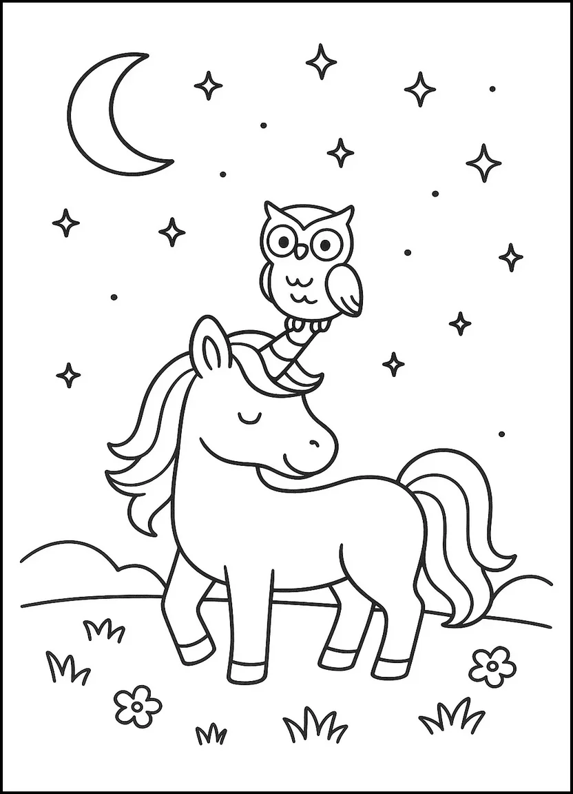 Unicorn and owl under moonlight coloring page